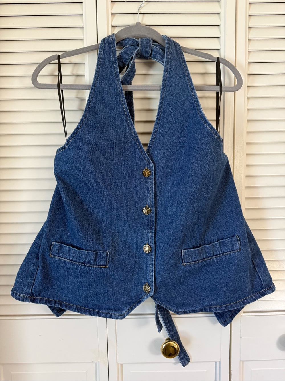 Lioness Hills Blue Denim Halter Top Open Back Vest Button Front Pockets Size S